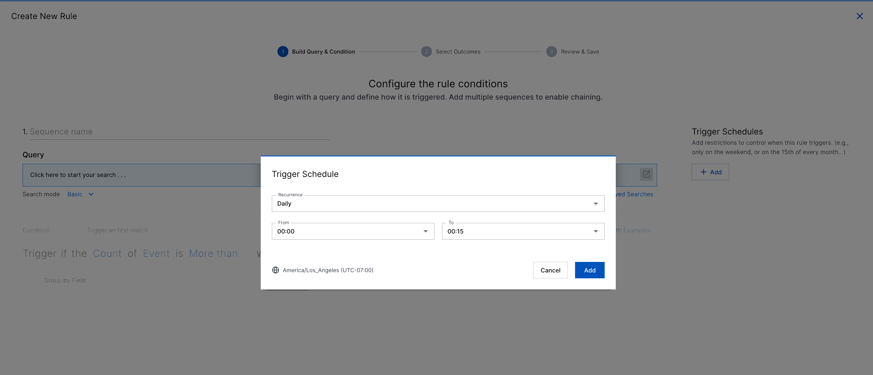 The correlation rule builder showing the Trigger Schedules dialog.