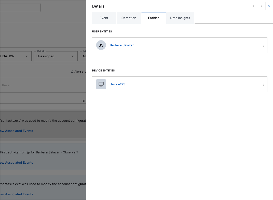 Entities information in the threat timeline.