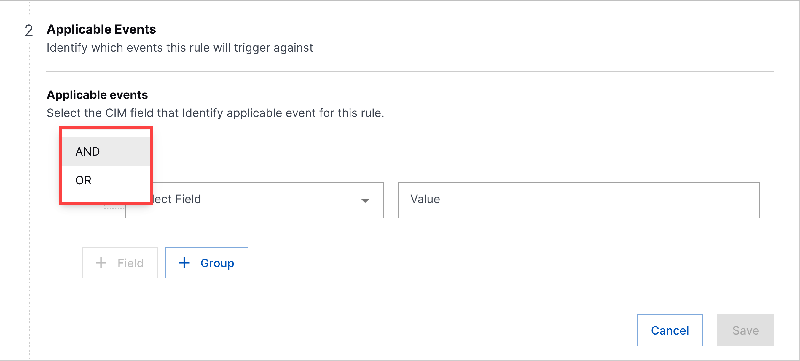 The step to define Applicable Events in the analytics rule builder with the operator menu expanded and highlighted in a red rectangle.