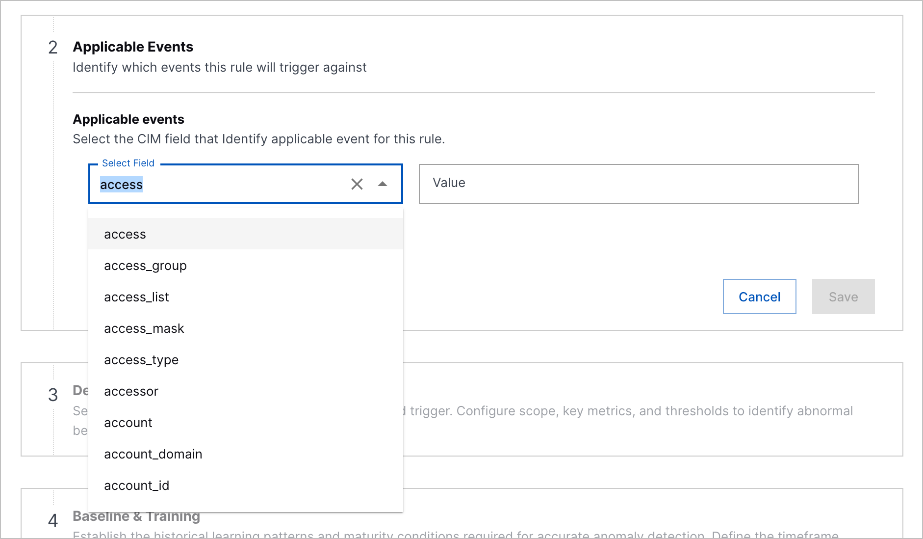 The expanded menu of all available CIM fields under Applicable Events in the analytics rule builder.