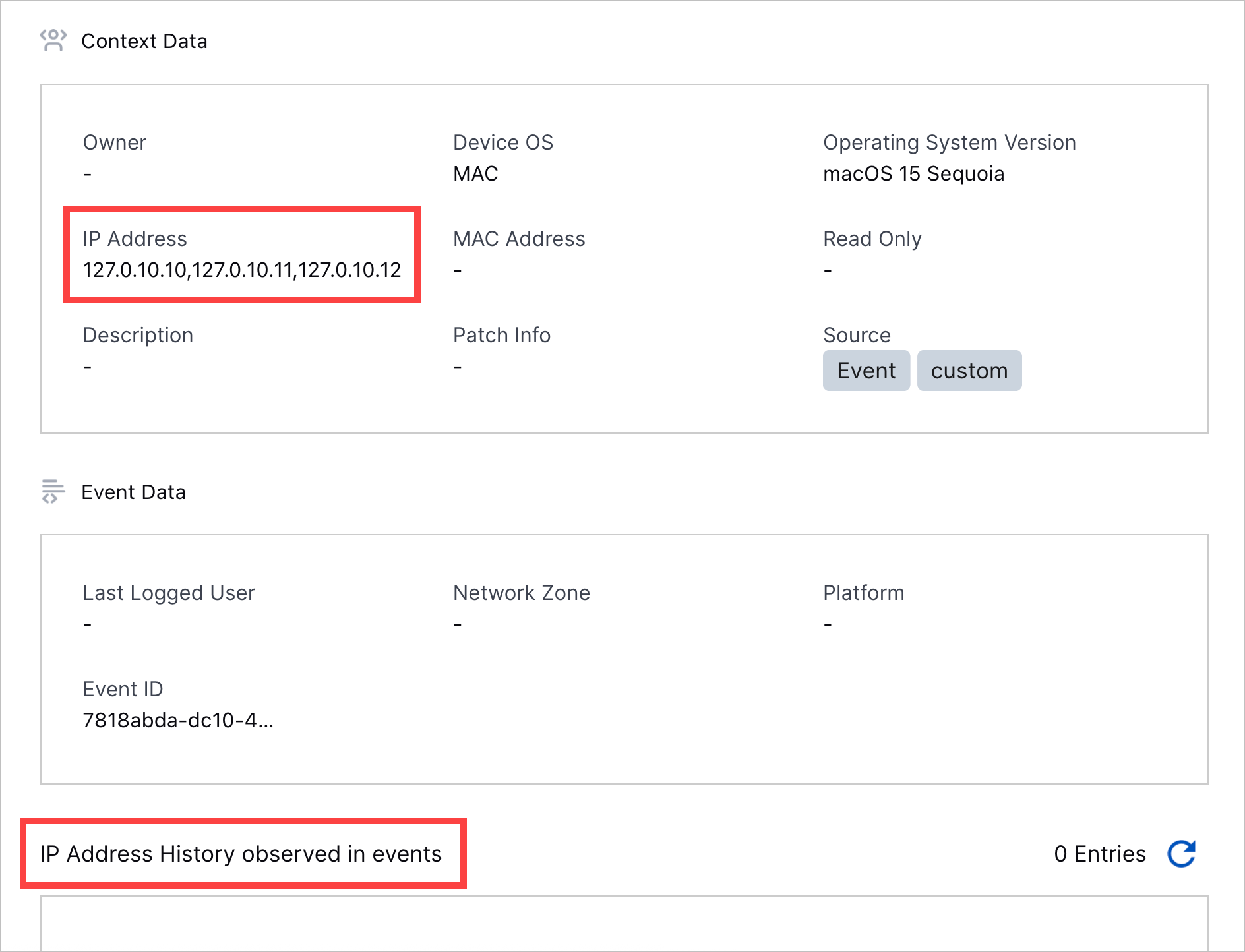 The device entity details highlighting the IP Address field and the IP Address History observed in events section in red rectangles.