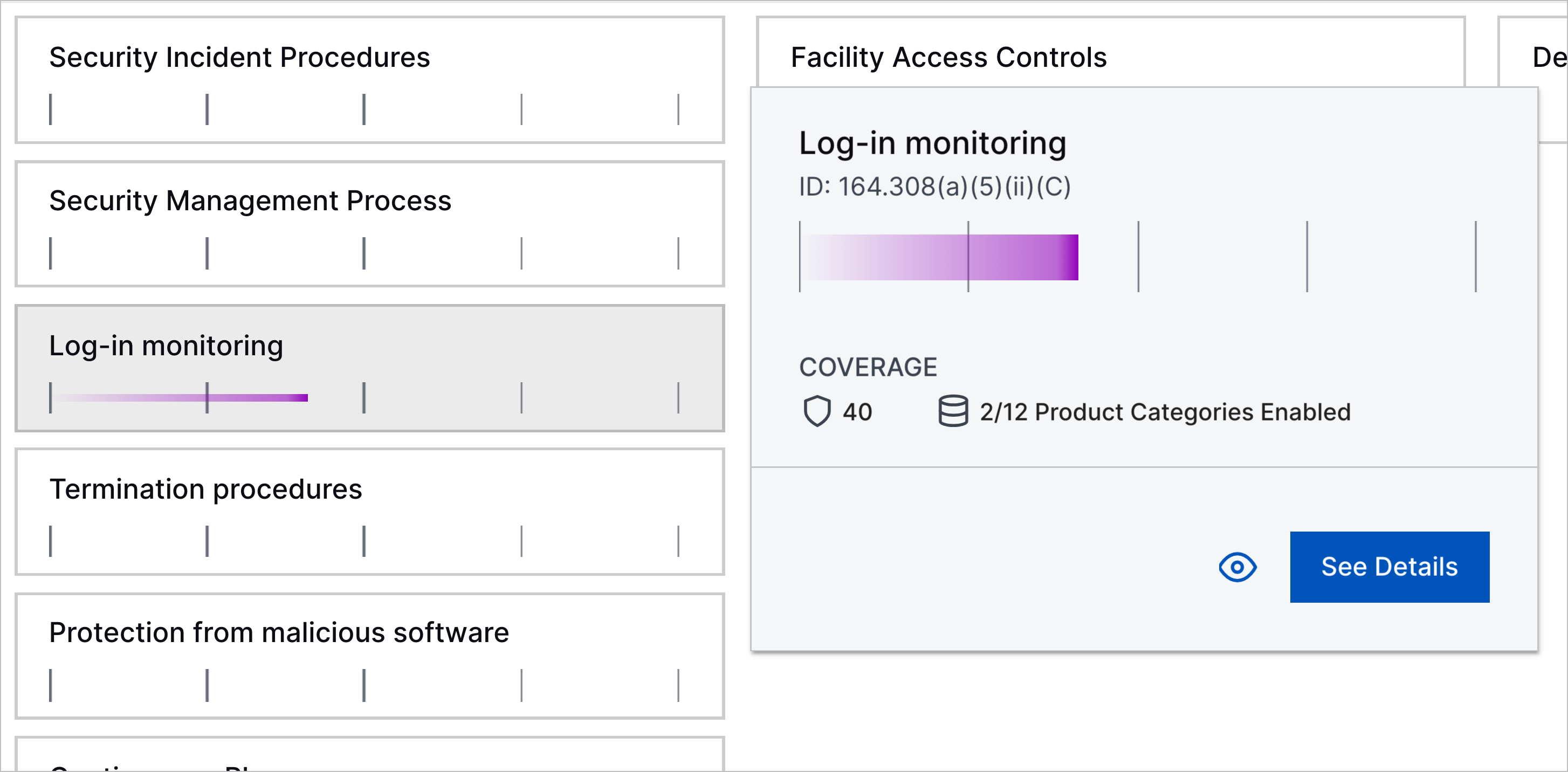 The details of the Log-in monitoring control that appear when you hover over the Log-in monitoring control in the control matrix.
