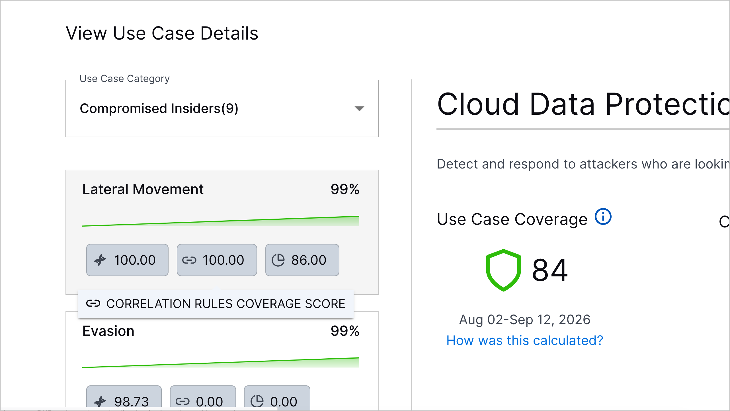 outcomesnavigator-viewusecasedetails-selectusecasecategory-coveragescorefactorhover-correlationrulecoveragescore.png The tooltip for the correlation rule coverage score for the Lateral Movement use case in the use case details.