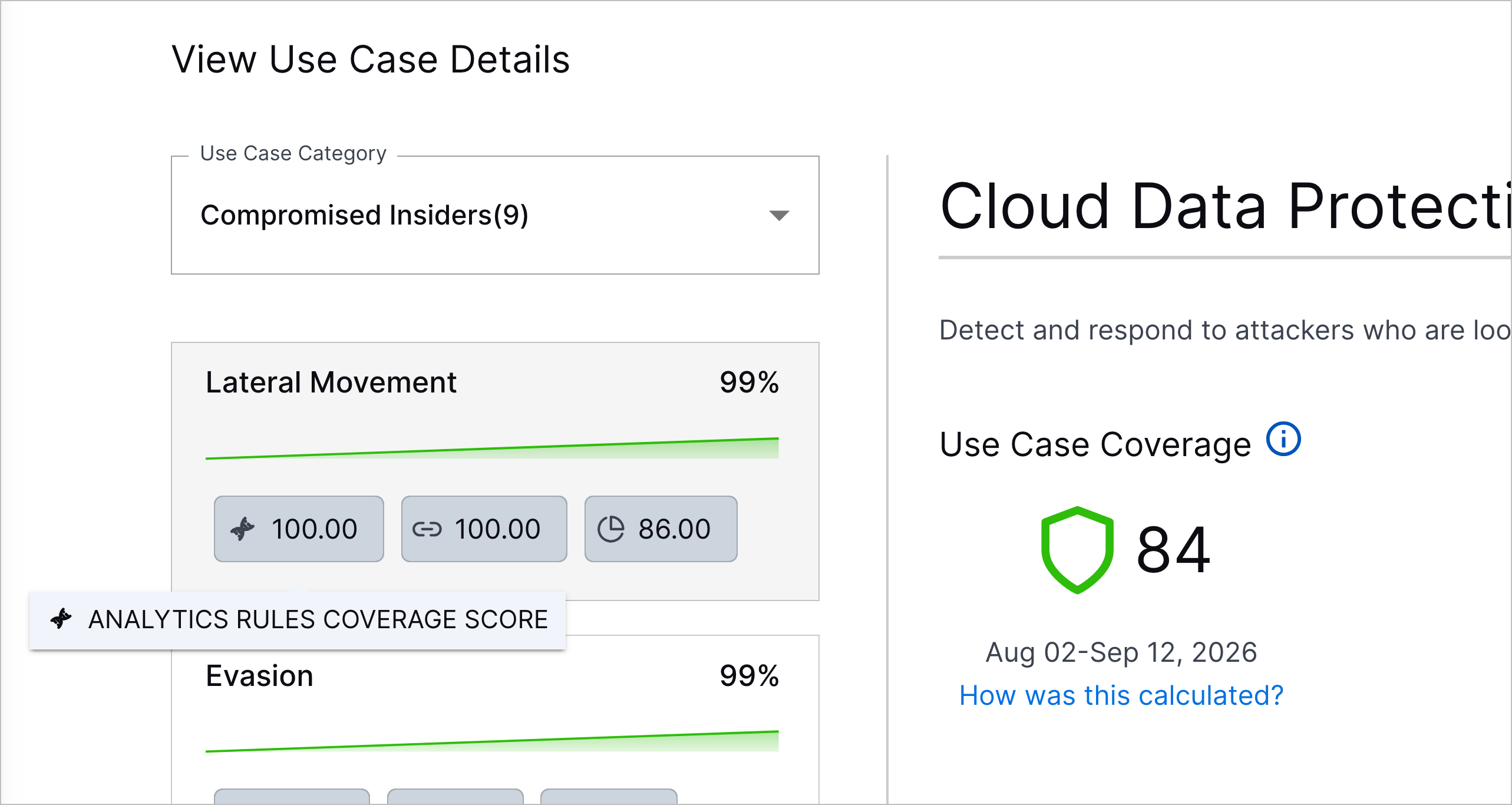 outcomesnavigator-viewusecasedetails-selectusecasecategory-coveragescorefactorhover-analyticsrulescoveragescore.png The tooltip for the analytics rule coverage score for the Lateral Movement use case in the use case details.