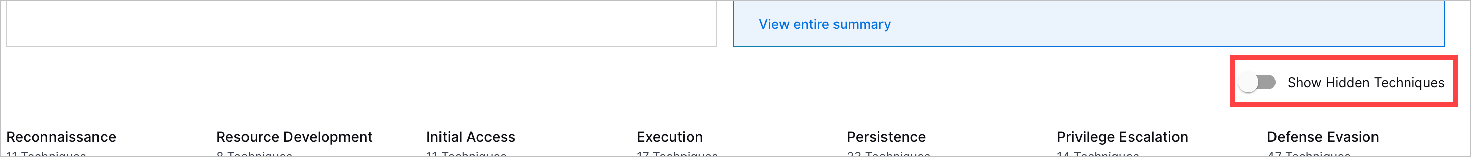 The Show Hidden Techniques toggle is toggled off and highlighted in a red rectangle.