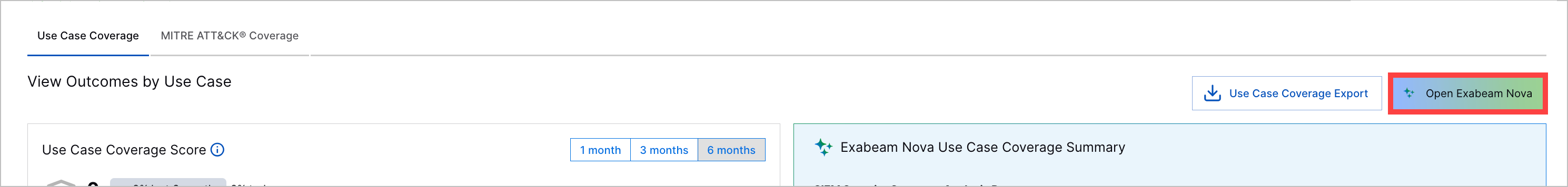 The Use Case Coverage tab with the Open Exabeam Nova button highlighted in a red rectangle.