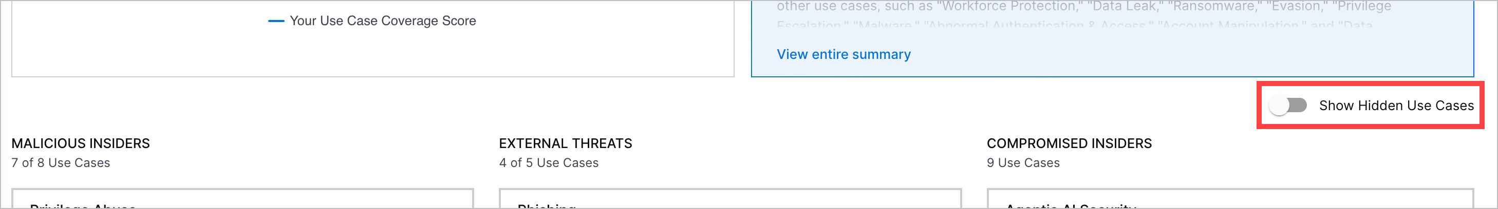 The Show Hidden Use Cases toggle is toggled off and highlighted in a red rectangle.