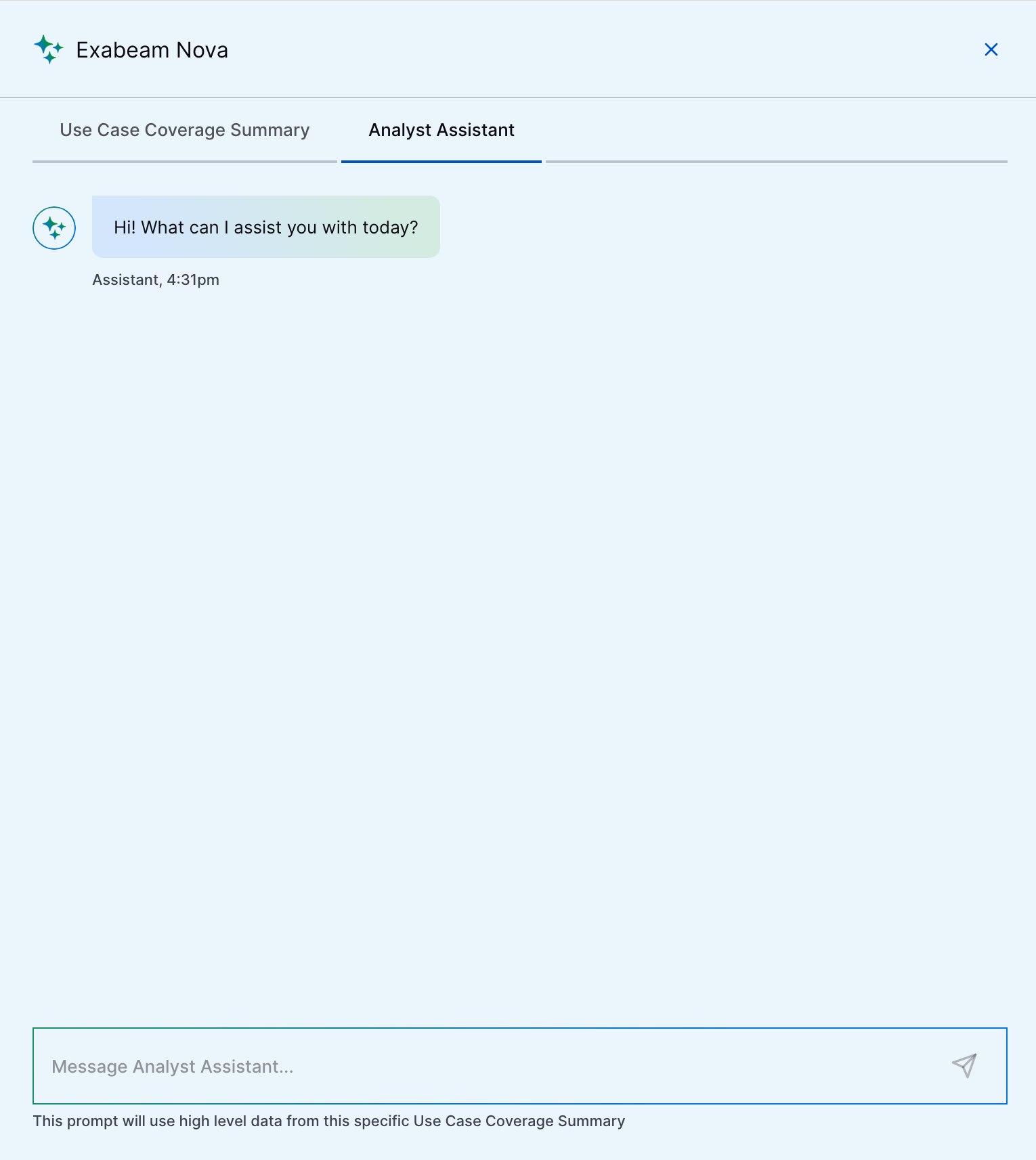 The Exabeam Nova Analyst Assistant under the Use Case Coverage tab.