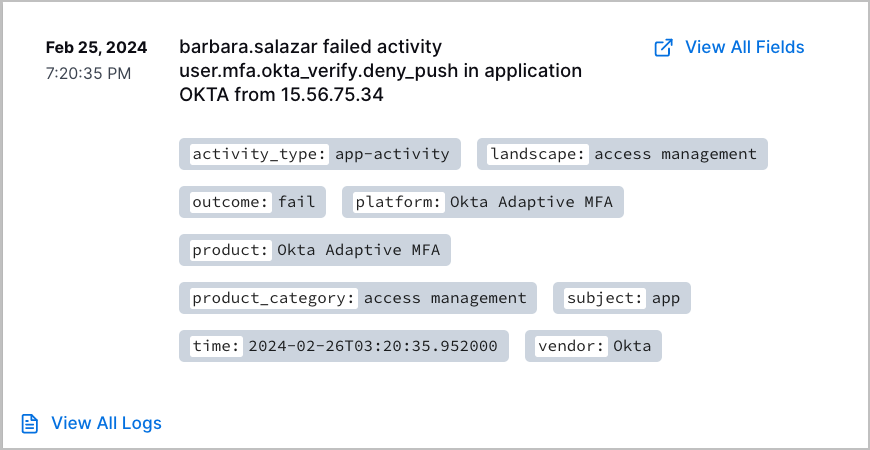 A detection with title "barbara.salazar failed activity user.mfa.okta_verify.deny_push in application OKTA from 15.56.75.34"