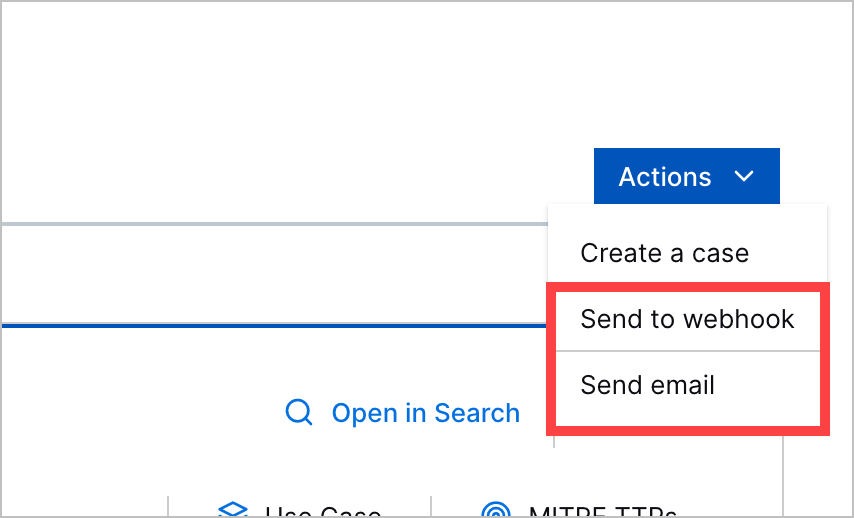 The action menu expanded with the Send to webhook and Send email options highlighted with a red rectangle.