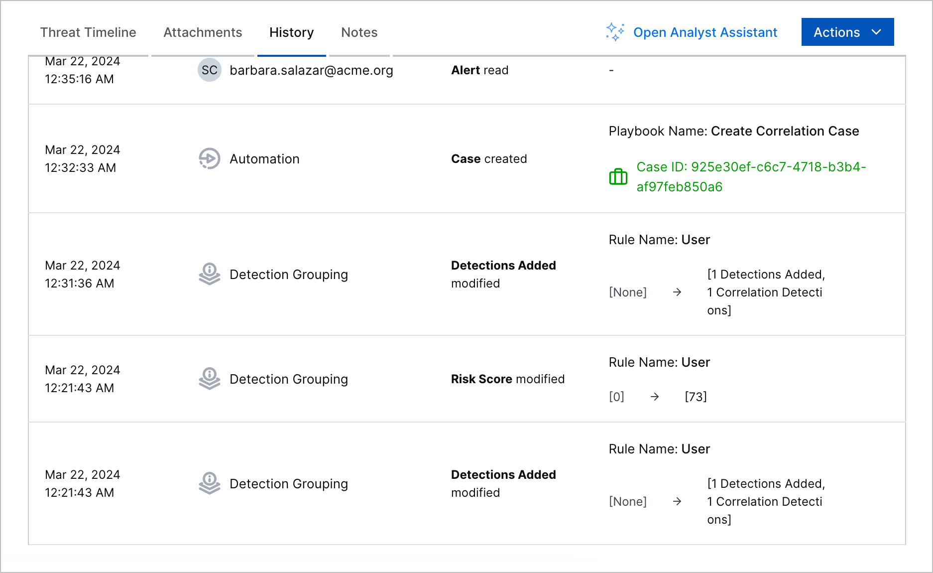 The history of a case showing a detection grouping rule adding detections to the case and modifying the risk score and an Automation Management playbook creating the case.