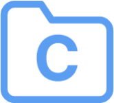 A blue outline of a file with a blue C in the center.