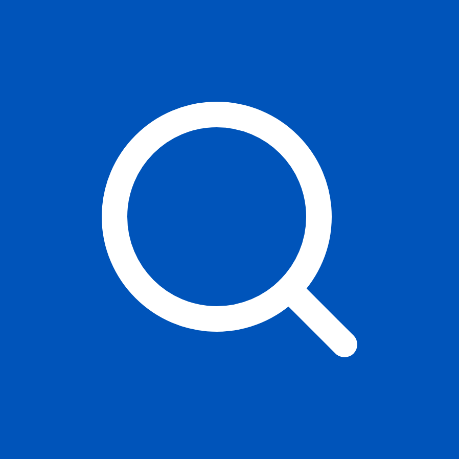 A white magnifying glass in a blue square.