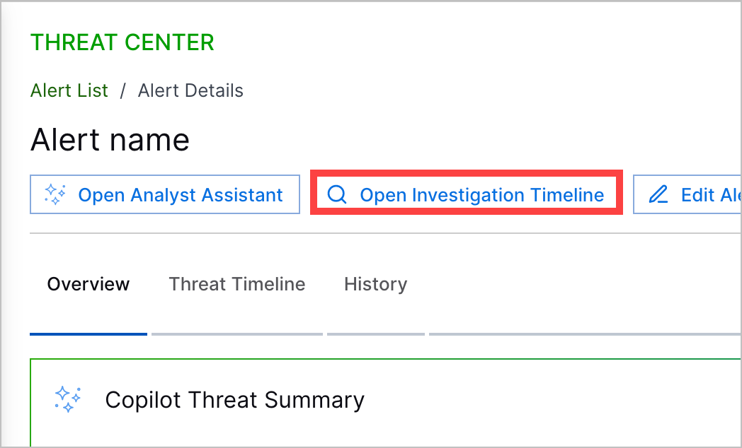 An alert with the Open Investigation Timeline button highlighted in a red rectangle.