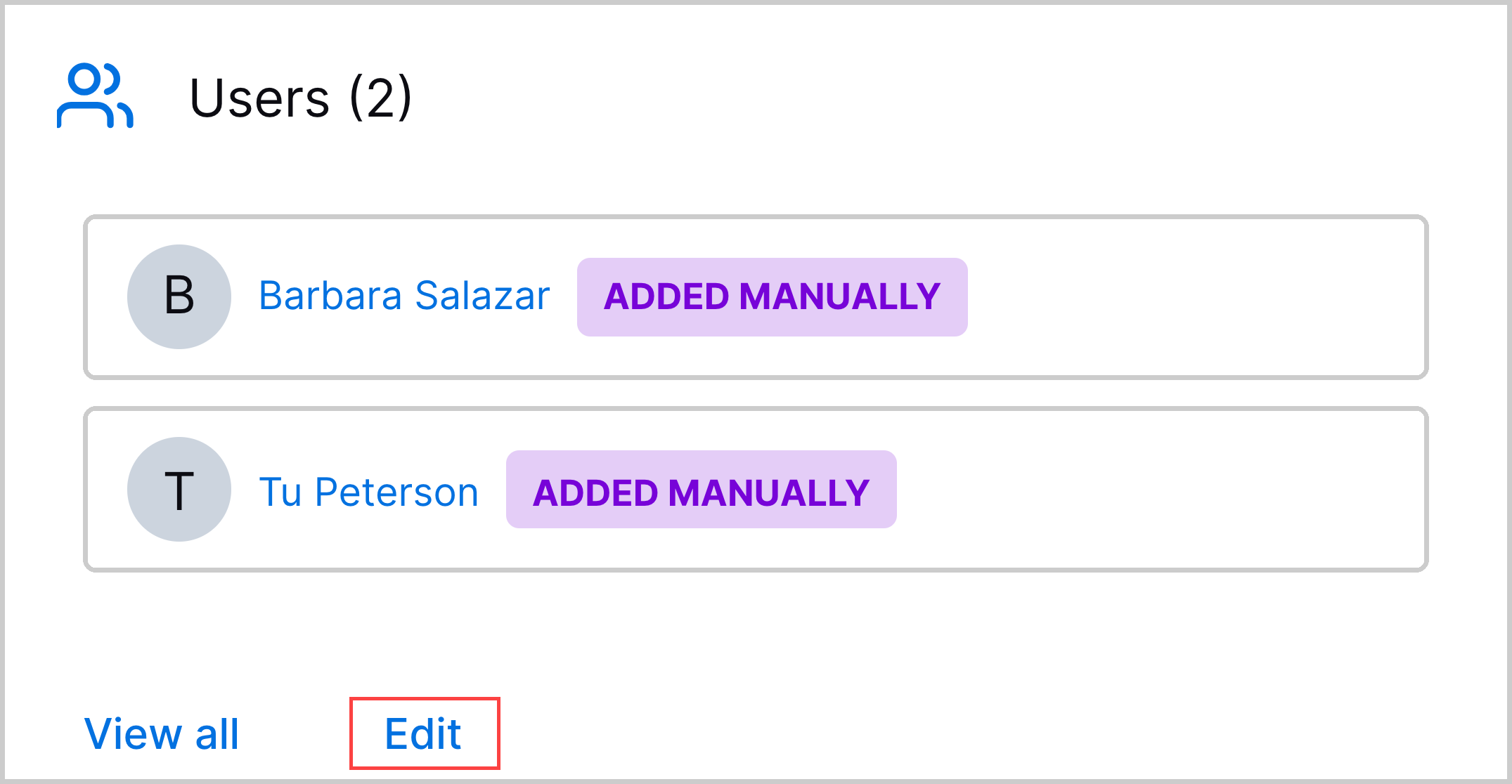 The Users section of the case Overview tab wtih the Edit action highlighted in a red rectangle.