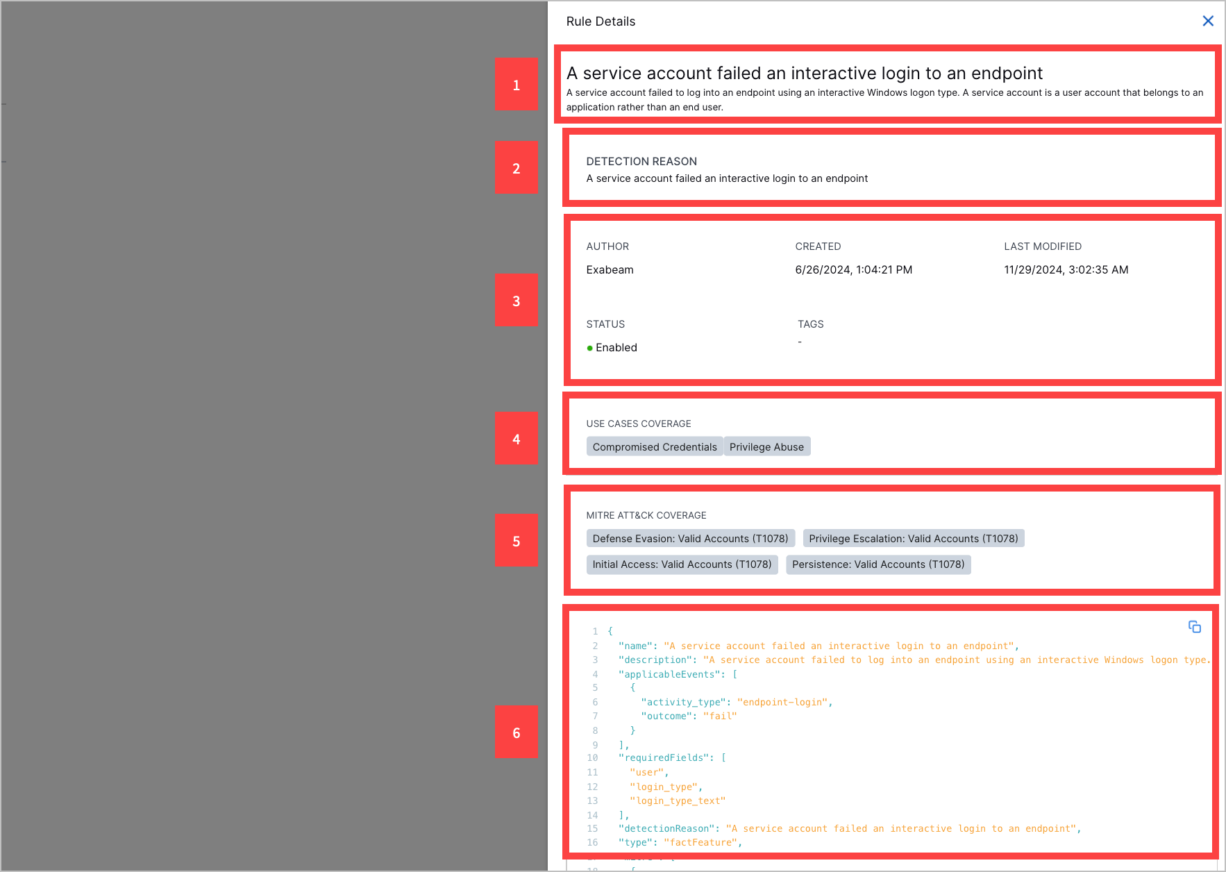 The details of an analytics rule for a detection in an alert's Threat Timeline, highlighted with red rectangles and callouts.