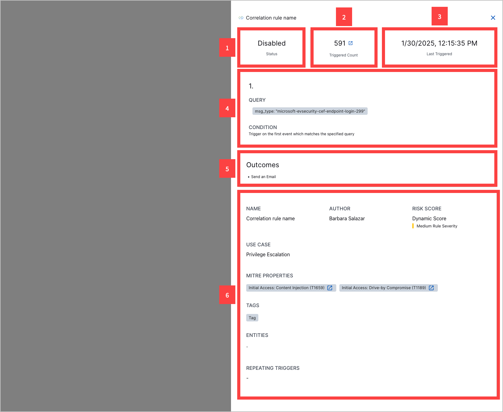 Additional details about a correlation rule associated with a correlation rules detection in the New-Scale Security Operations Platform highlighted with red rectangles and callouts.