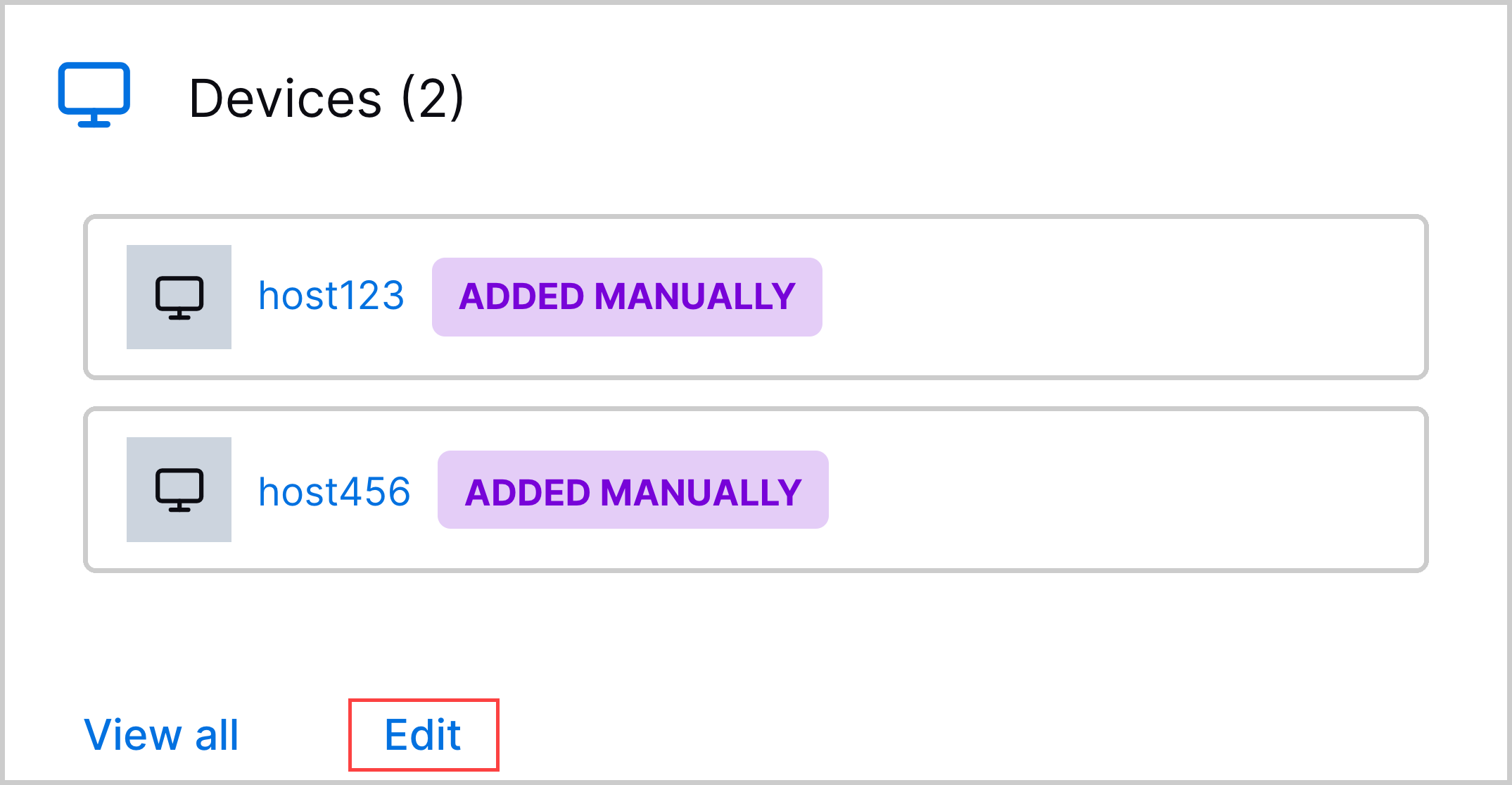 The Devices section of the case Overview tab wtih the Edit action highlighted in a red rectangle.