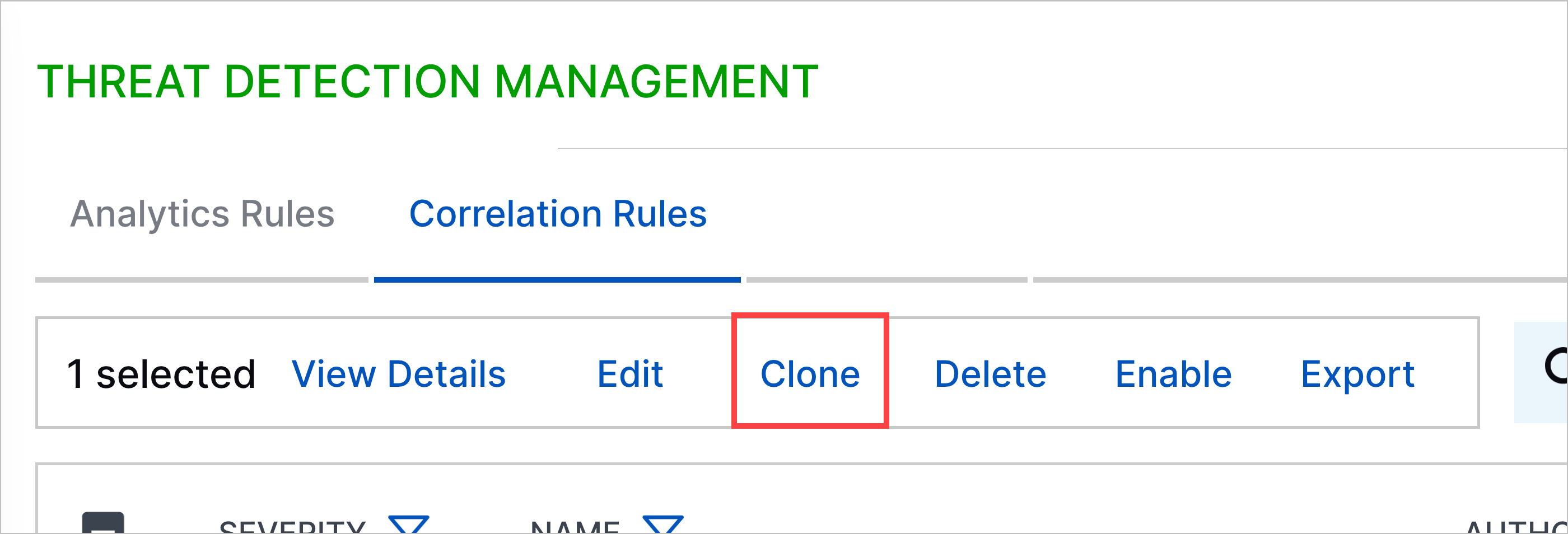 The action to clone a correlation rule highlighted in a red rectangle.