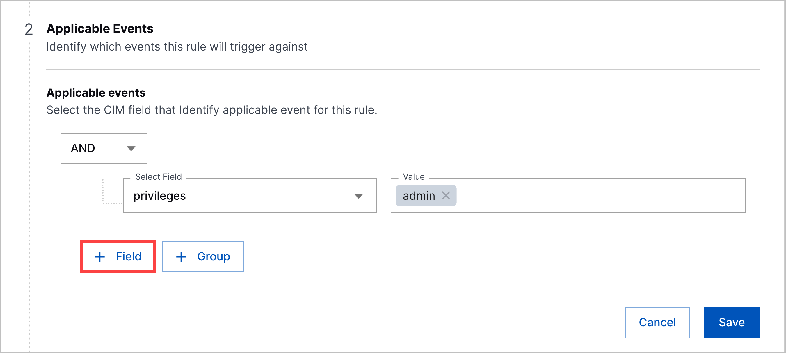 Applicable Events in the analytics rule builder with the + Field button highlighted in a red rectangle.