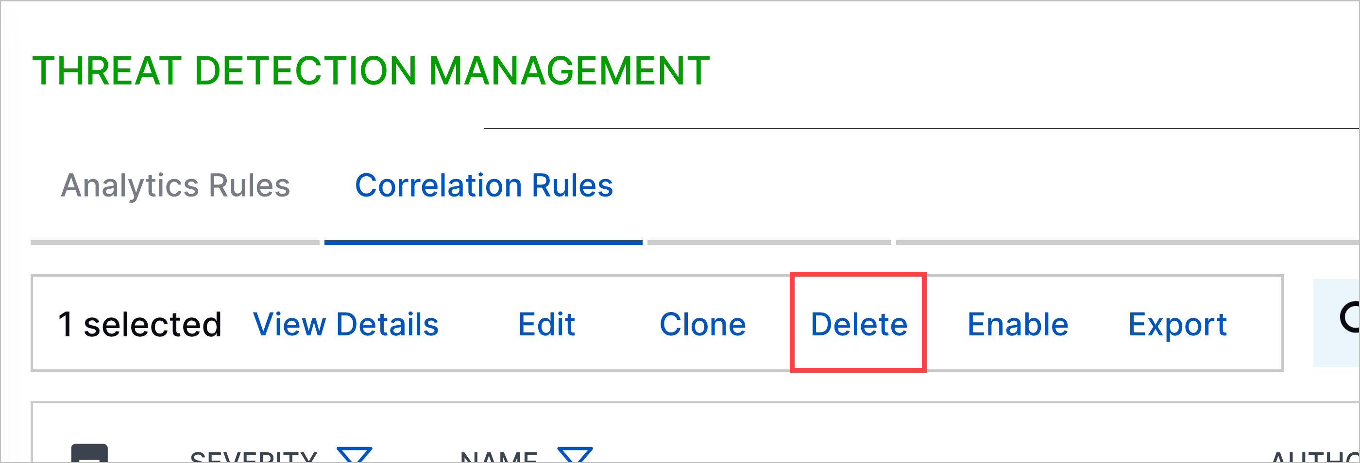 The Delete action for deleting a single correlation rule highlighted in a red rectangle.
