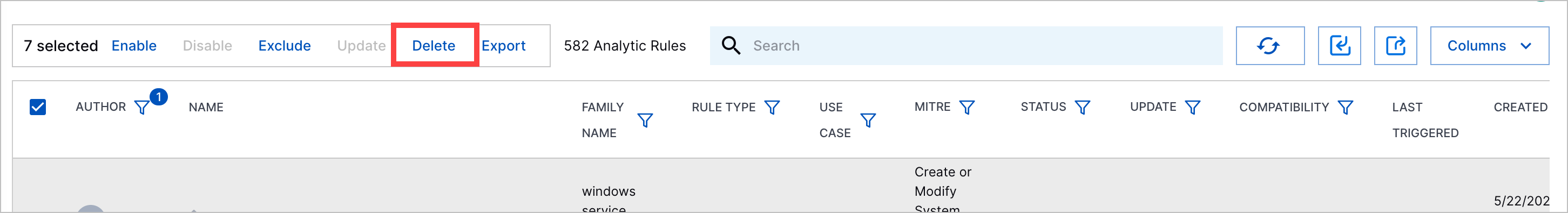The Delete action highlighted in a red rectangle.