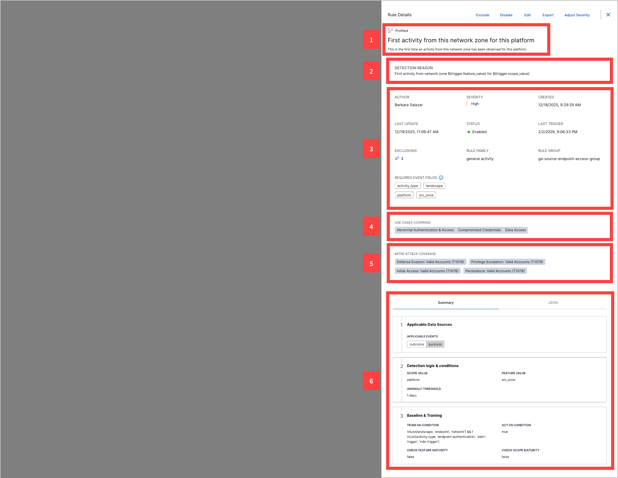 The details of an analytics rule highlighted in red rectangles and callouts.