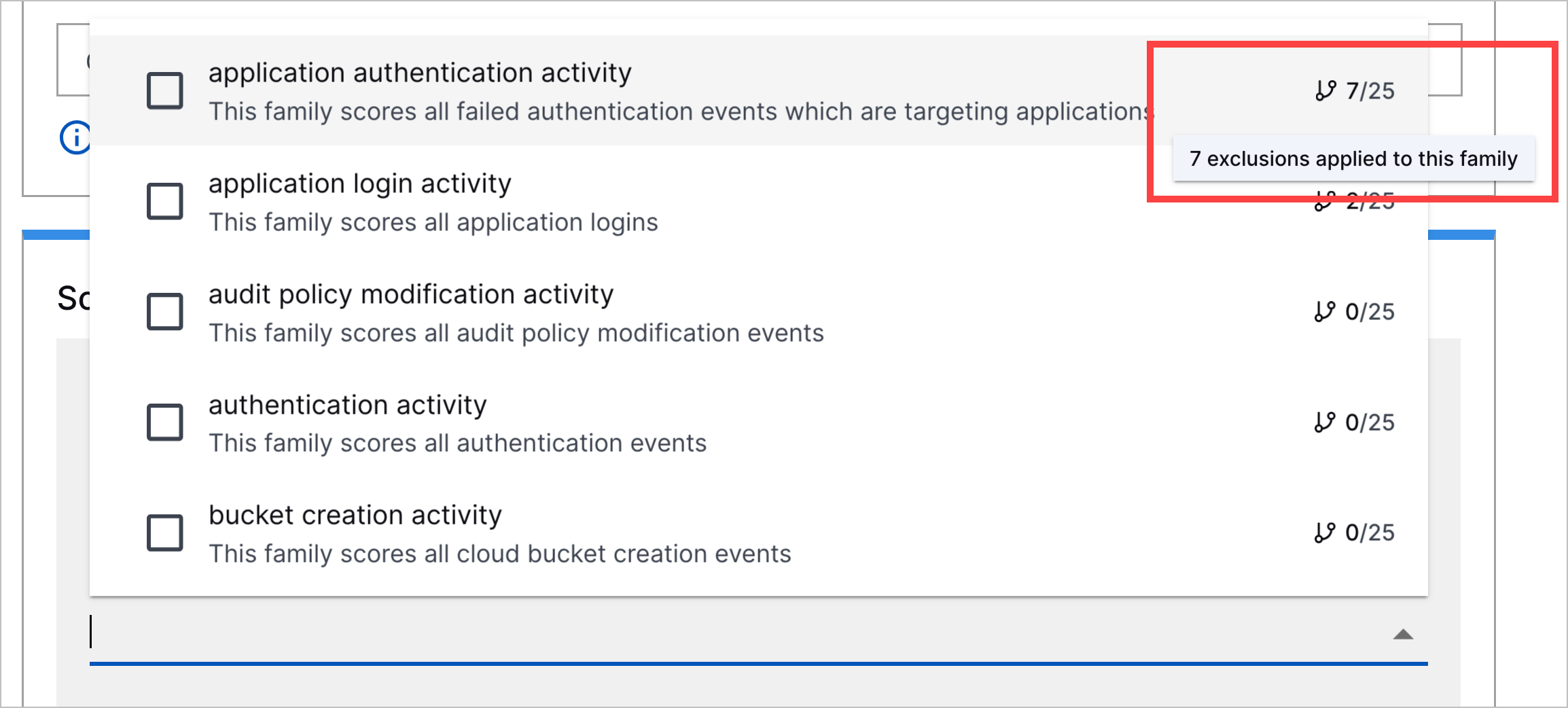 The scope of an exclusion with the specific analytics rule family listed and the exclusion limit highlighted in a red rectangle.