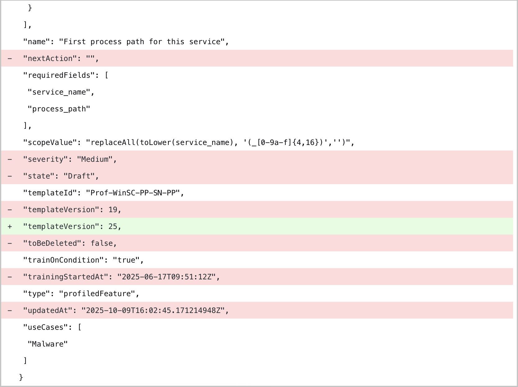Analytics rule details showing the specific changes in the analytics rule given an update.