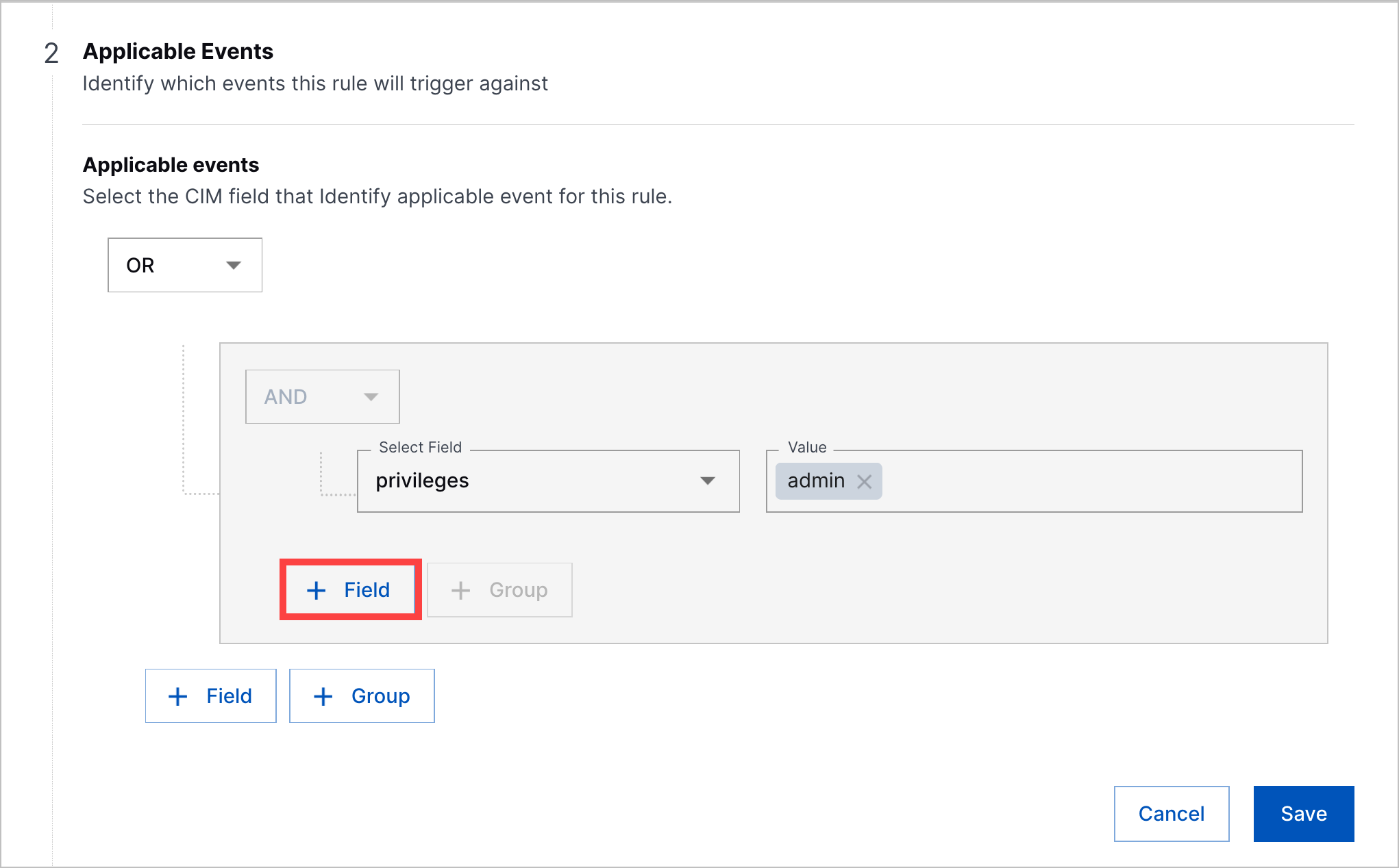 Applicable Events in the analytics rule builder with the + Field button in a condition group highlighted in a red rectangle.