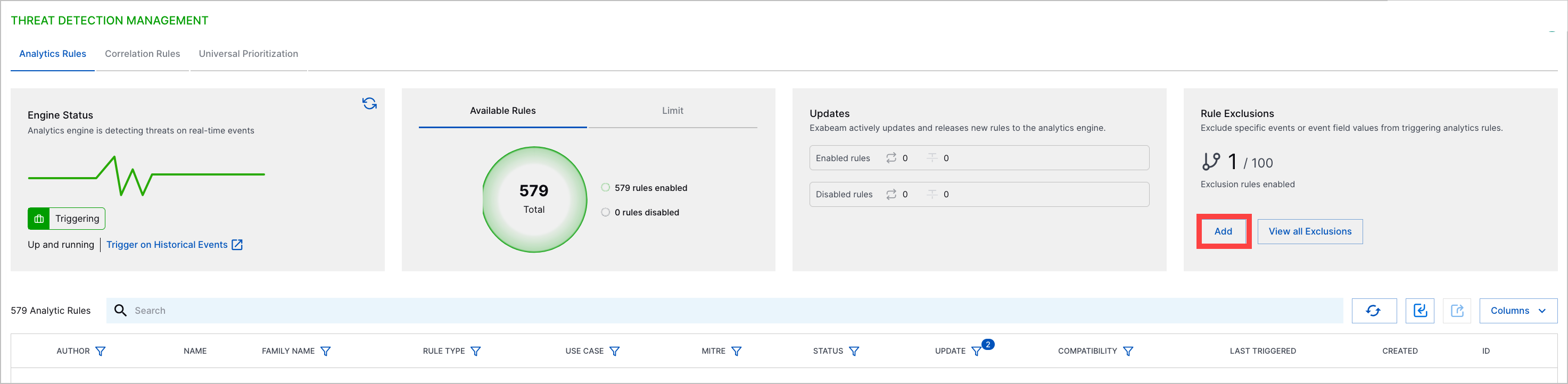 The Threat Detection Management Analytics Rules tab showing the Add button under Rule Exclusions highlighted in a red rectangle.