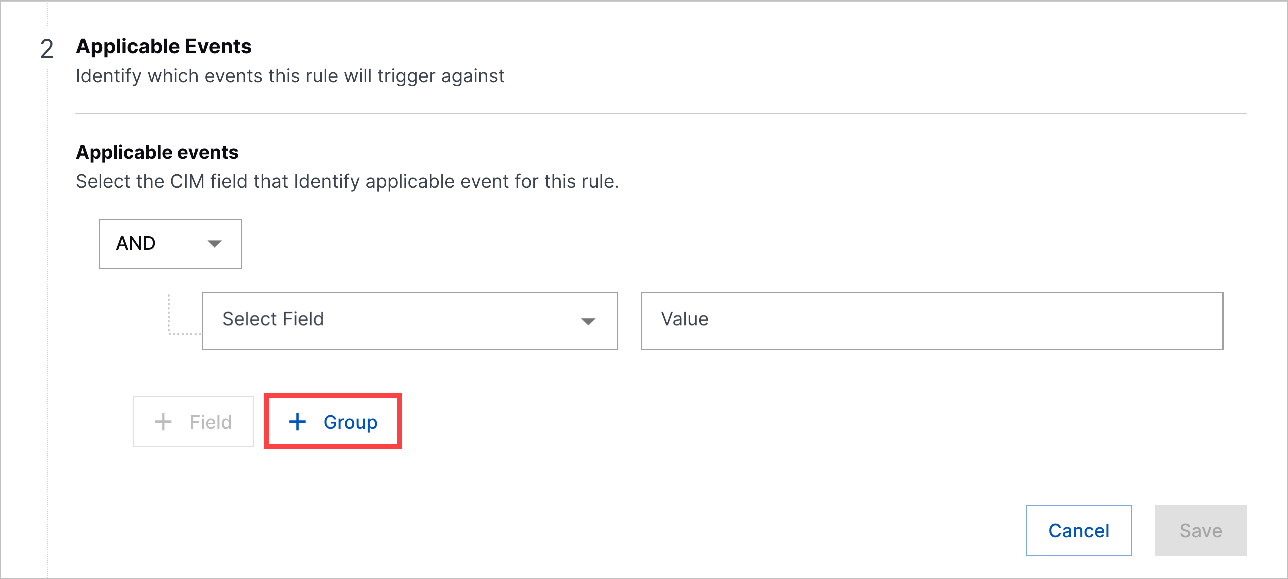 Applicable Events in the analytics rule builder with the + Group button highlighted in a red rectangle.