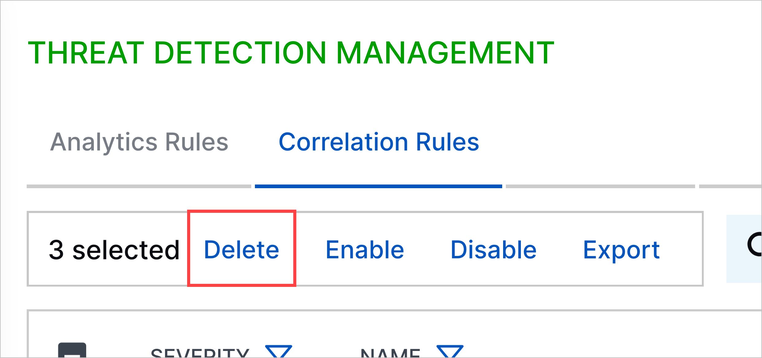 The action to delete three correlation rules highlighted in a red rectangle.