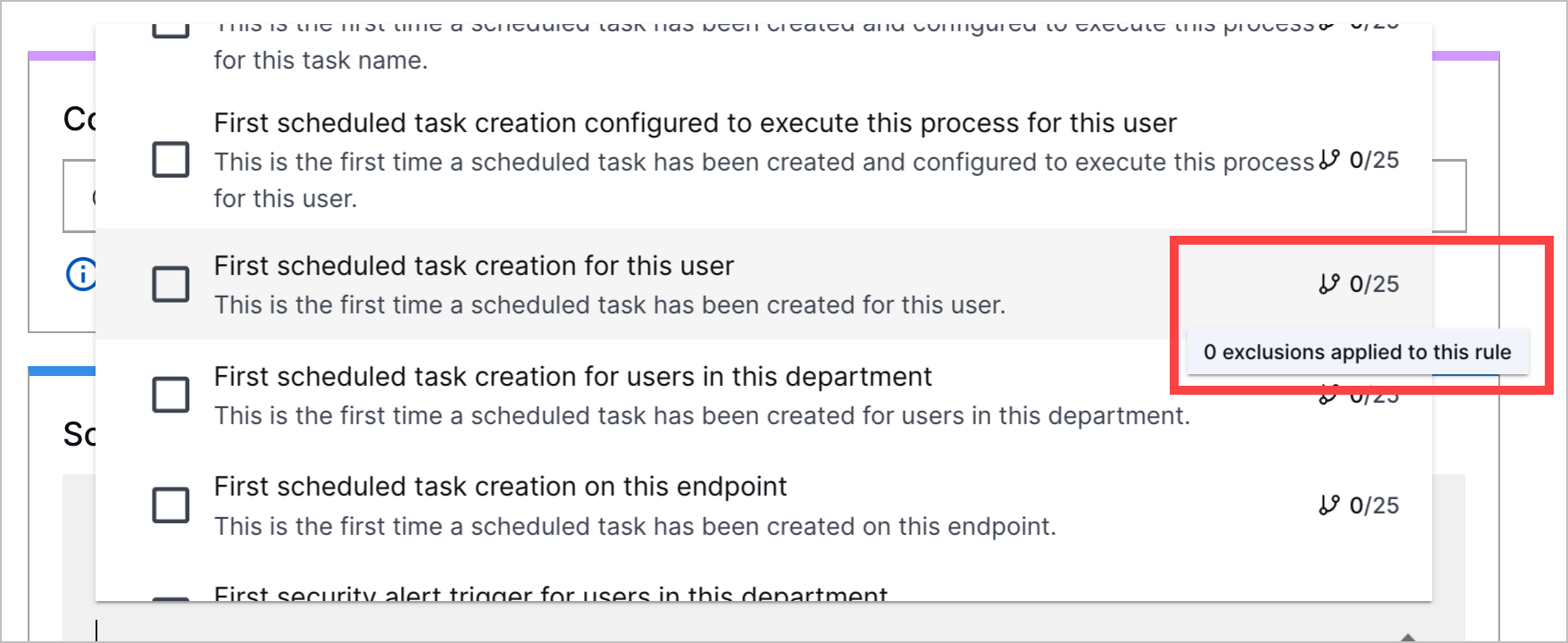 The scope of an exclusion with analytics rules listed and the exclusion limit highlighted in a red rectangle.