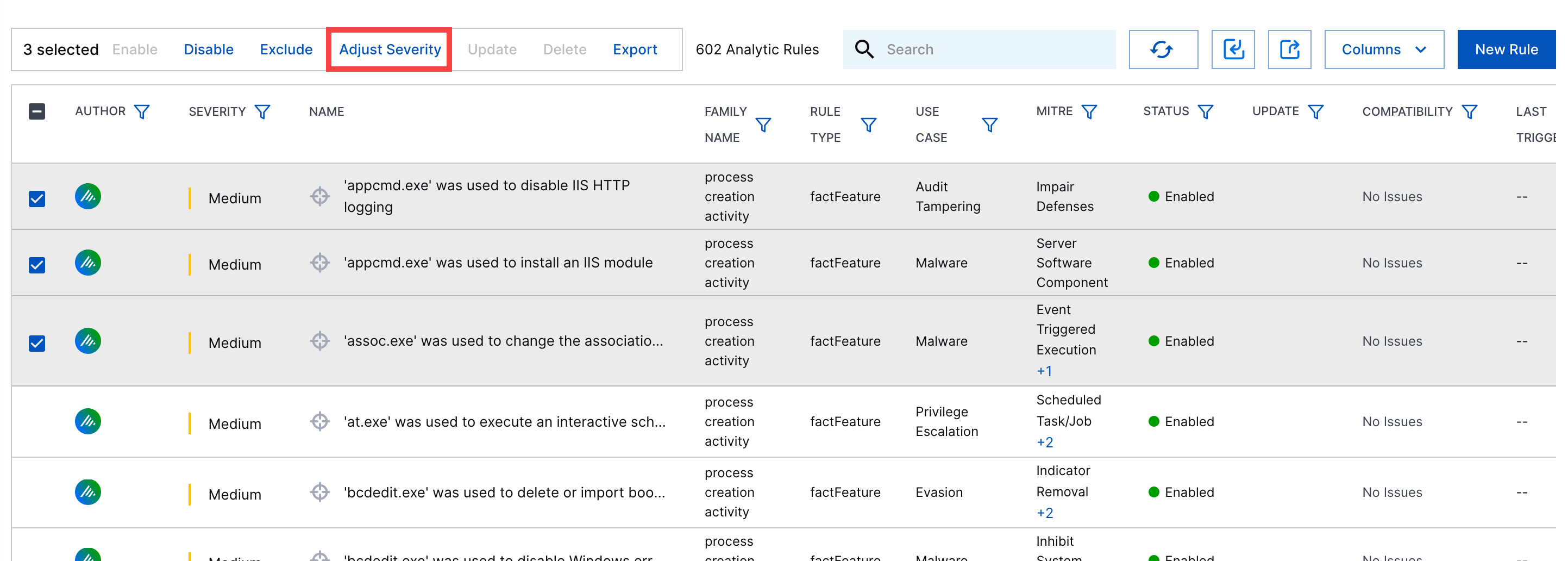 Multiple analytics rules selected and the Adjust Severity action highlighted in a red rectangle.