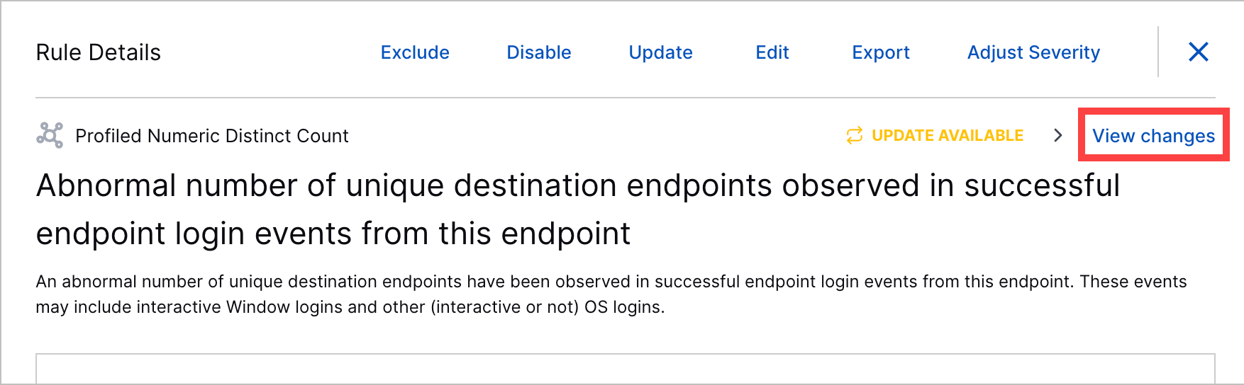 Analytics rule details with the View changes action highlighted in a red rectangle.