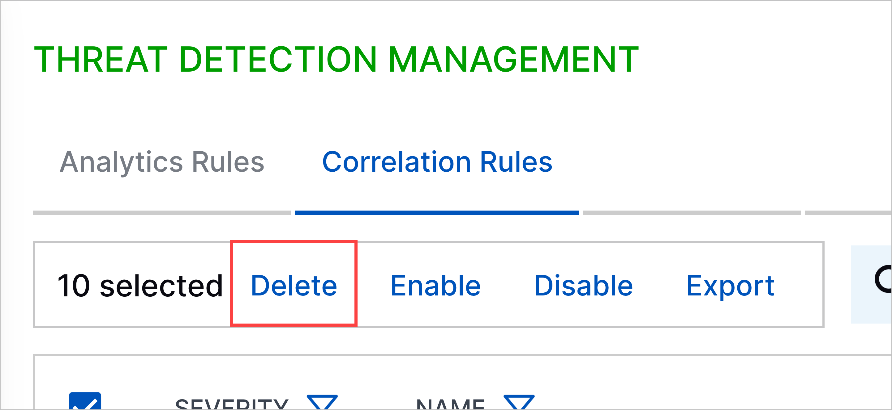 The action to delete all correlation rules on the page highlighted in a red rectangle.