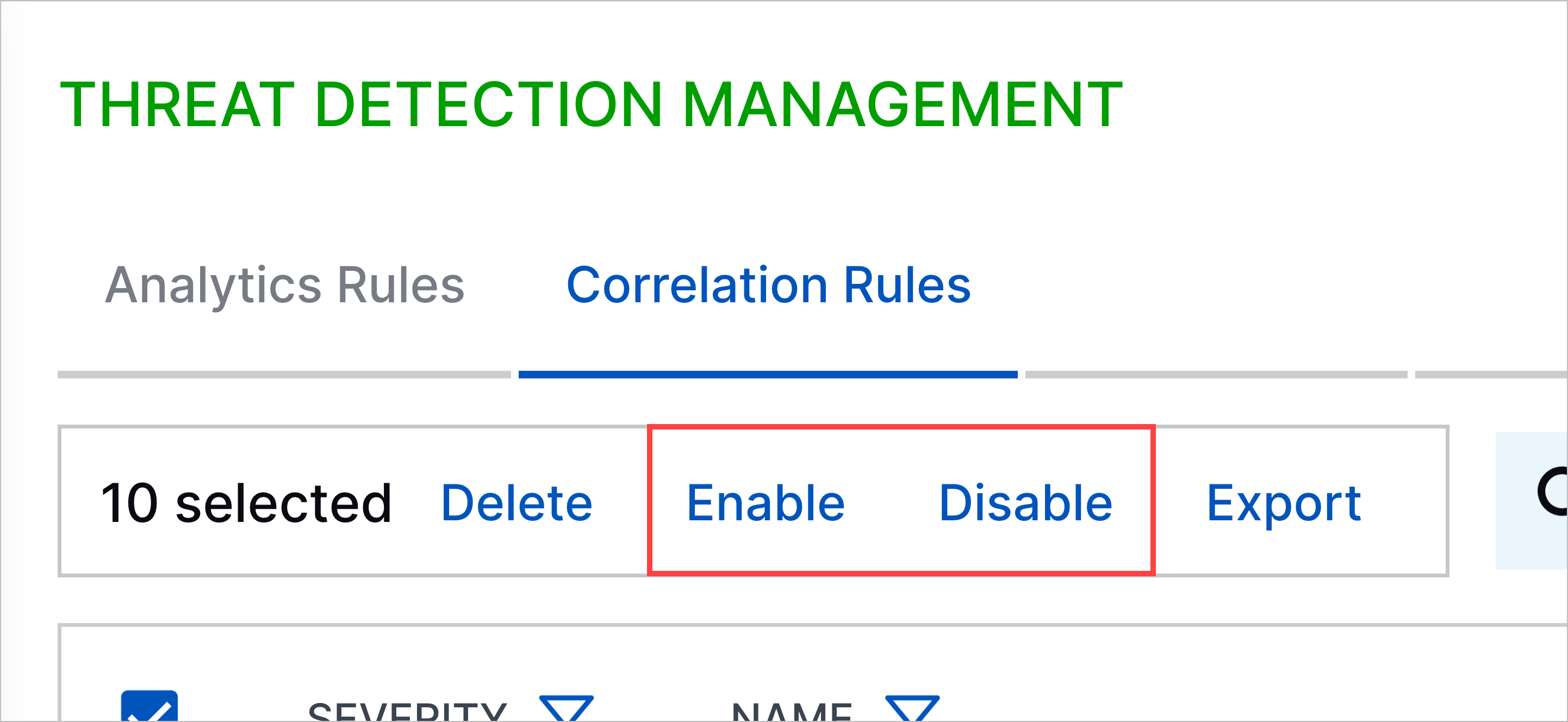 The actions to enable and disable all correlation rules on the page highlighted in a red rectangle.