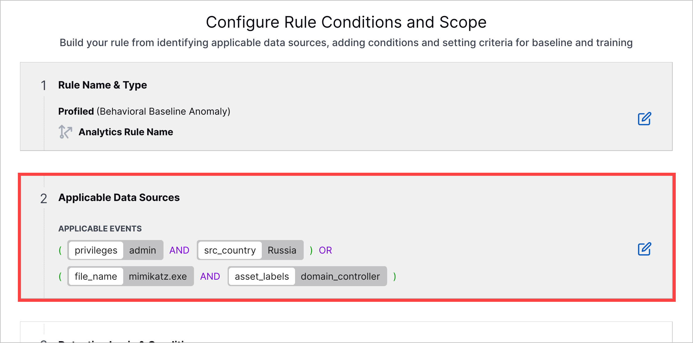 The analytics rule builder with the Applicable Data Sources step highlighted in a red rectangle.