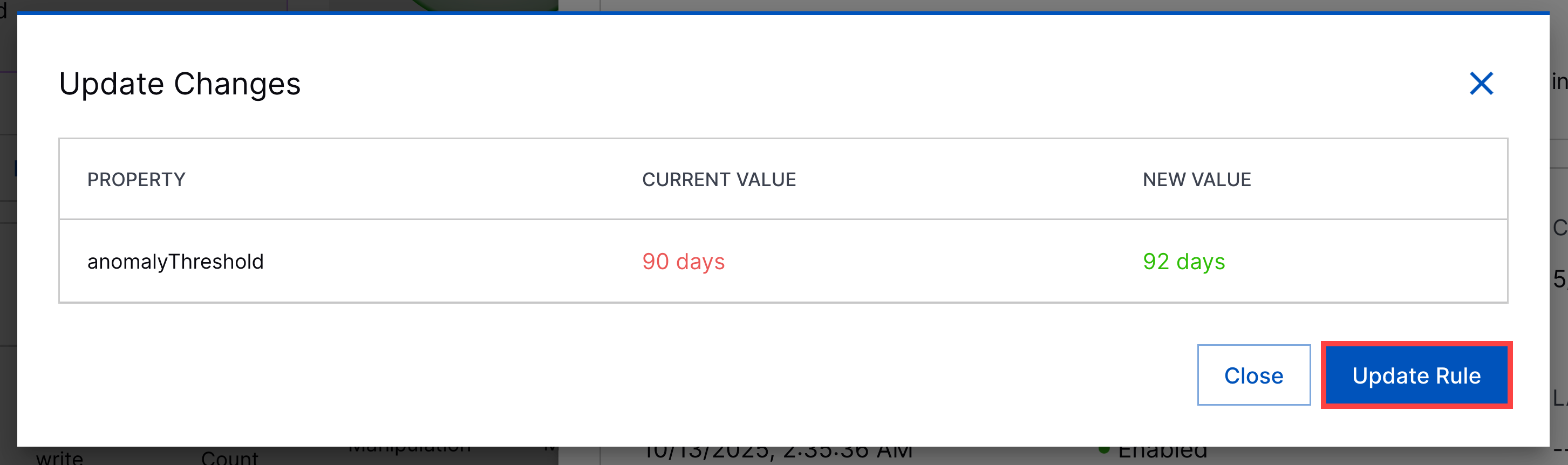 The Update Changes dialog with the Update Rule button highlighted in a red rectangle.